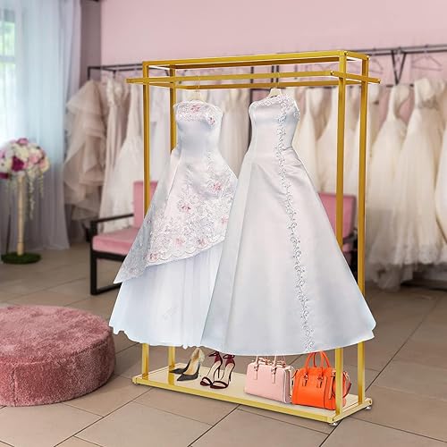 Miniatura 10 de Percheros dorados de 67 pulgadas para boutiques, estante para vestidos de novia al por menor, estante de ropa comercial resistente, estantes de