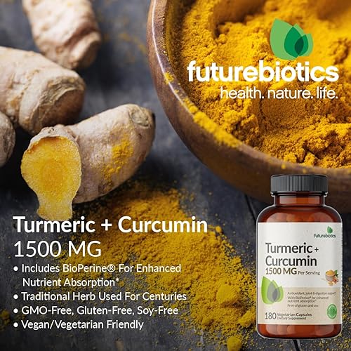 Miniatura 3 de Futurebiotics Cúrcuma + curcumina 1500 mg por porción, antioxidante, apoyo articular y digestión con BioPerine para una mayor ingesta de nutrientes,