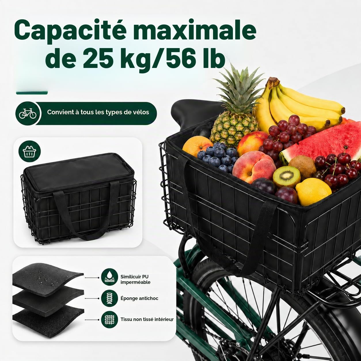 Panier Arriere Velo Pliable, Grand Panier de vélo arrière avec Doublure intérieure, Poche en Filet et Housse étanche pour Porte-Bagages, capacité de Charge 35 kg pour Le Transport de Marchandises