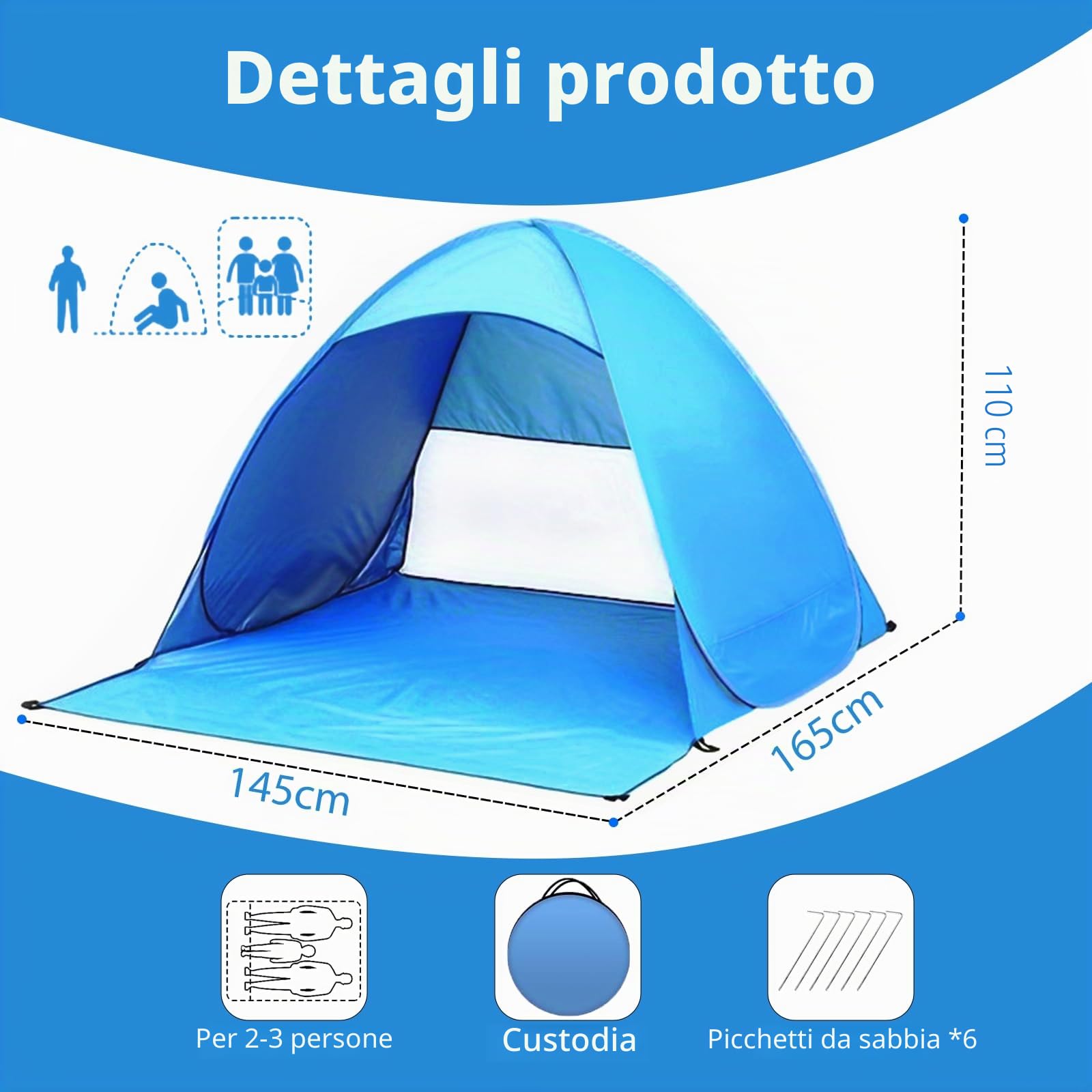 Tenda da Spiaggia Pop Up 1-2 Persone, Protezione Solare UV UPF 50+, Leggera con Borsa