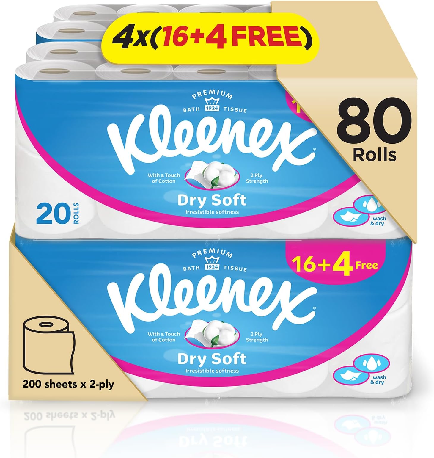 Dry Soft Toilet Tissue Paper, 2 PLY, 80 Rolls x 200 Sheets, Embossed Bathroom Tissue with a Touch Of Cotton