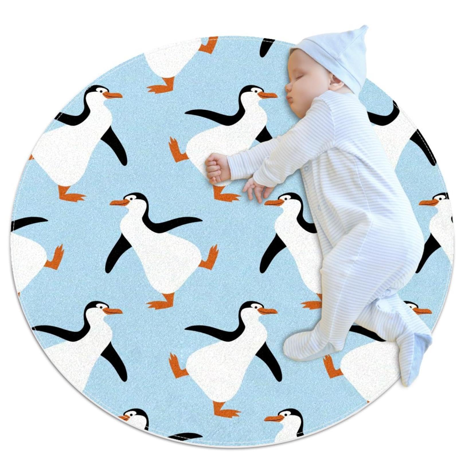 Tapis de salle de bain rond 1m pingouins bleu et camomille antidérapant