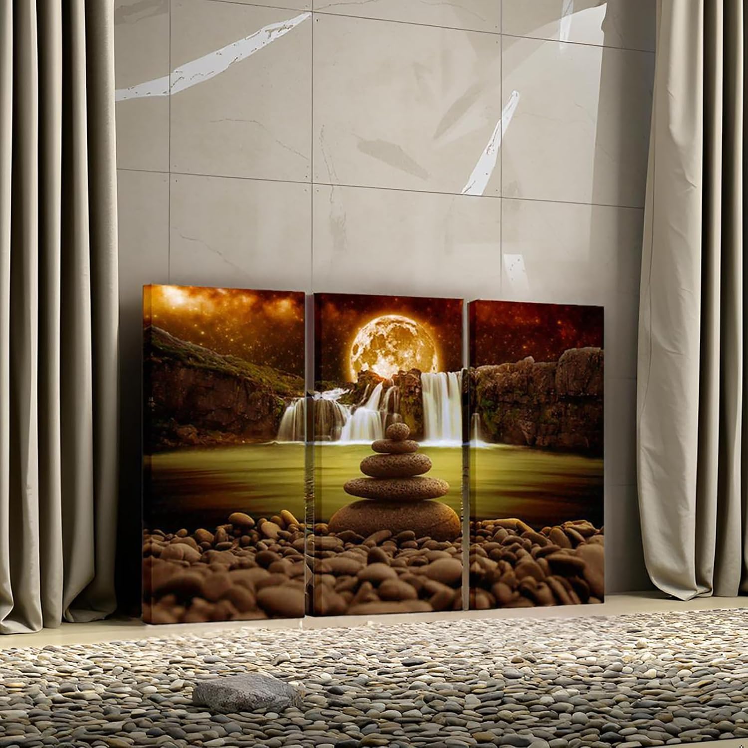 NutArtPic Zen Canvas Wall Art Waterfall Pictures Full Moon Artwork Prints Lanscape Nature Scenery Painting for Home Bedroom Living Room Office Decor Gallery Wrapped (Large)