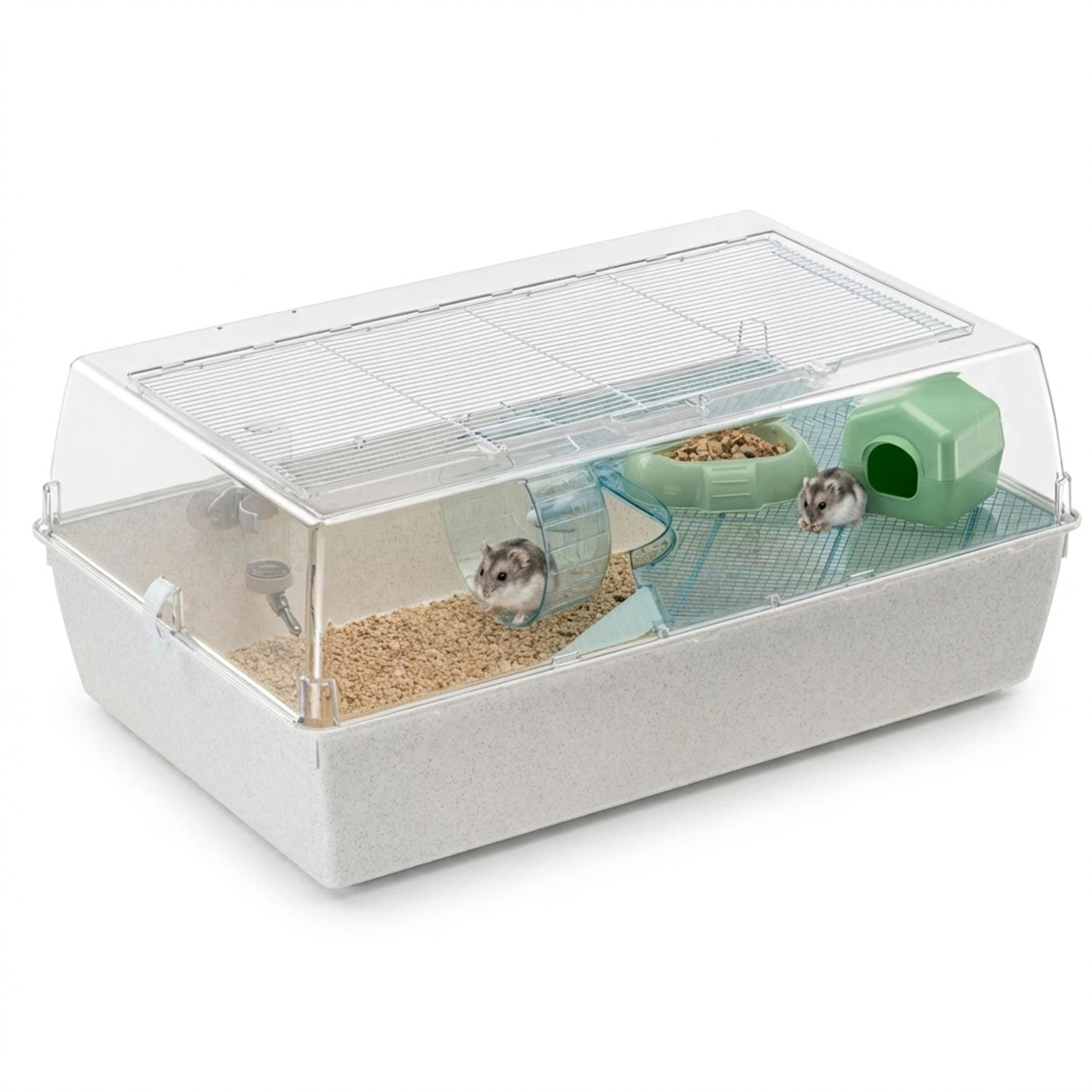 Ferplast Duna Hamster, Cage for Hamsters and Mice, Modular Habitat with Wheel, Nest, Drinking Bottle and Shelf, Transparent Lid, 71 x 46 xh 31 cm