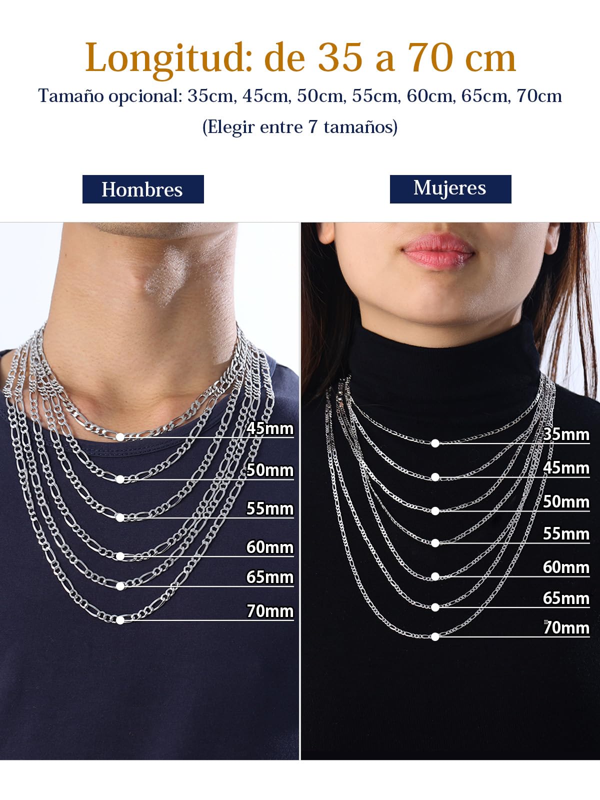Suplight Cadena Plata Hombre Mujer, Plata de Ley 925 Collar Italiano de Cadena Cubana/Fígaro con Caja de Regalo, 3/5 mm Ancho 36/46/51/56/61/66/71 cm Largo, Joyería Hipoalergénica Básica
