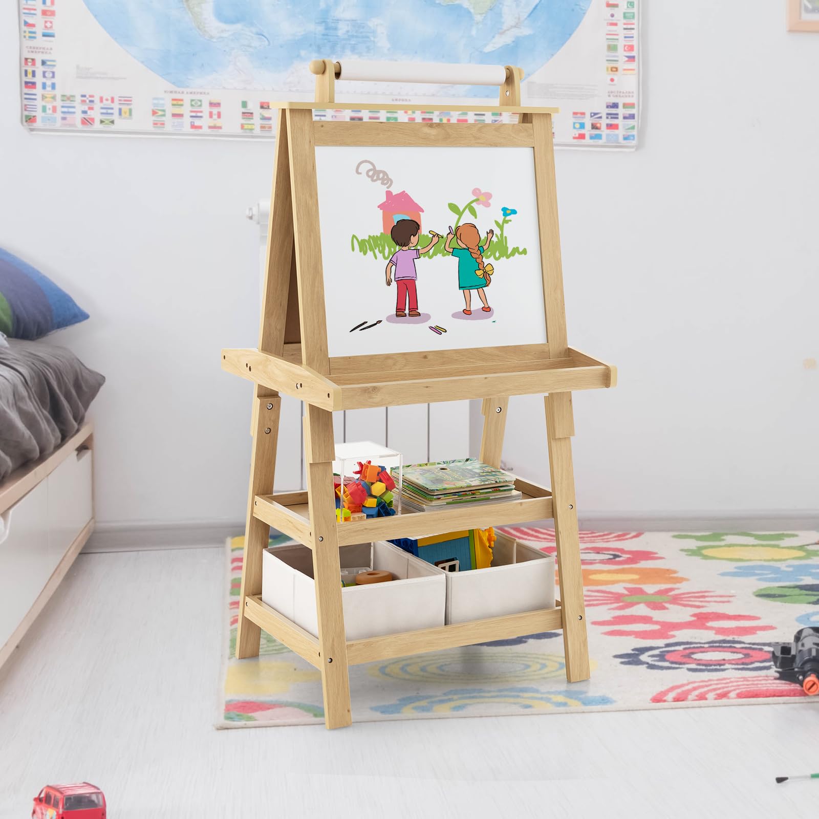LIFEZEAL Pizarra infantil 3 en 1 con 2 caras (Natural) | Caballete infantil con pizarra blanca, rollo de papel, mesa magnética y 2 niveles de almacenamiento