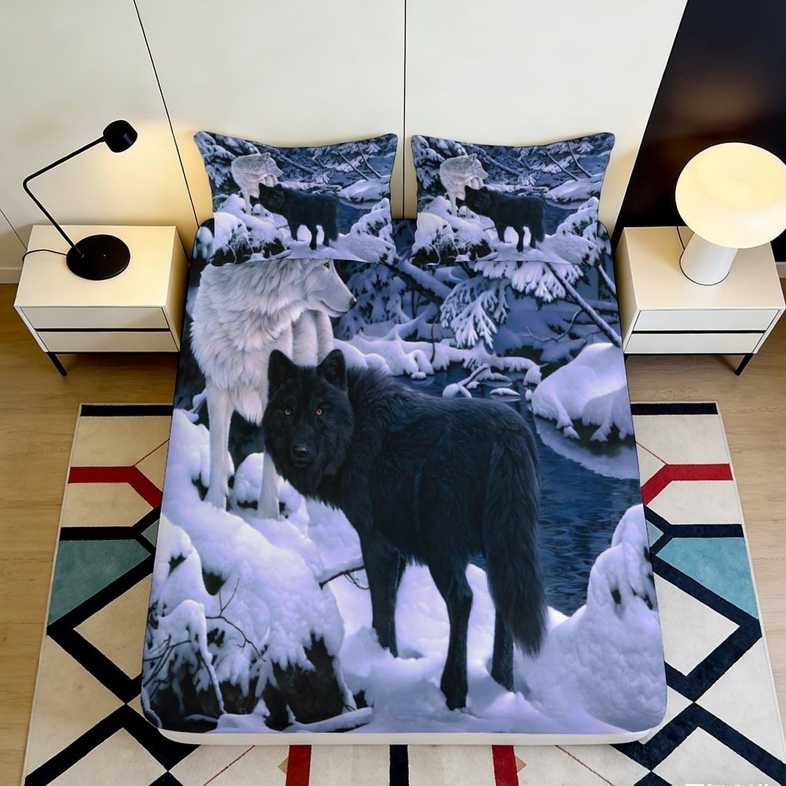 3D Printed Black Wolf Fitted Sheet Microfiber Snow Forest Mattress Cover Non-Slip Washable for Bedroom Decor 120x200x25cm