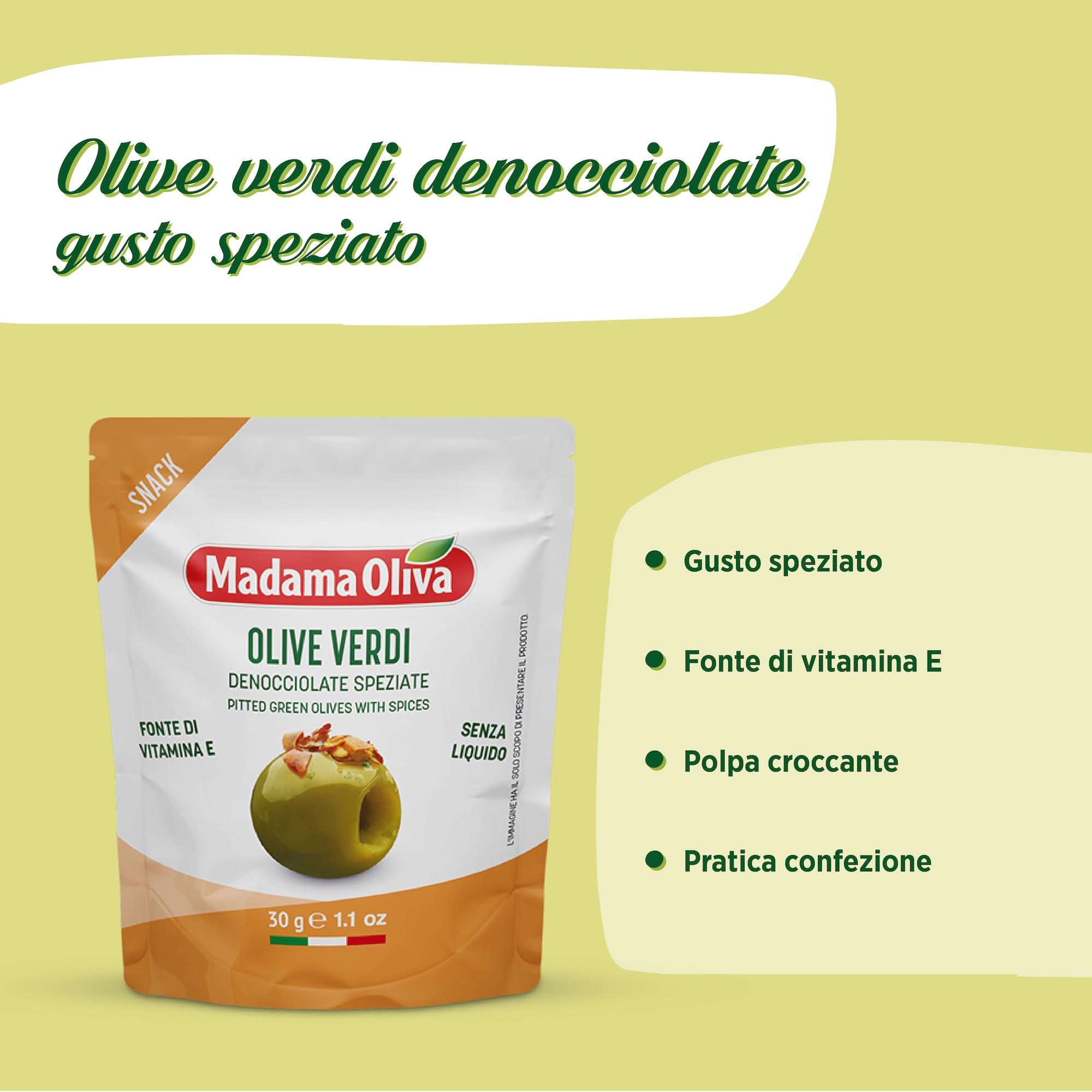 MADAMA OLIVA, Olive Verdi Denocciolate Speziate, Colore Verde Intenso e dal Gusto Caratteristico, 100% Made in Italy, 100% Vegetale, Box da 20 Buste in Alluminio da 30 gr