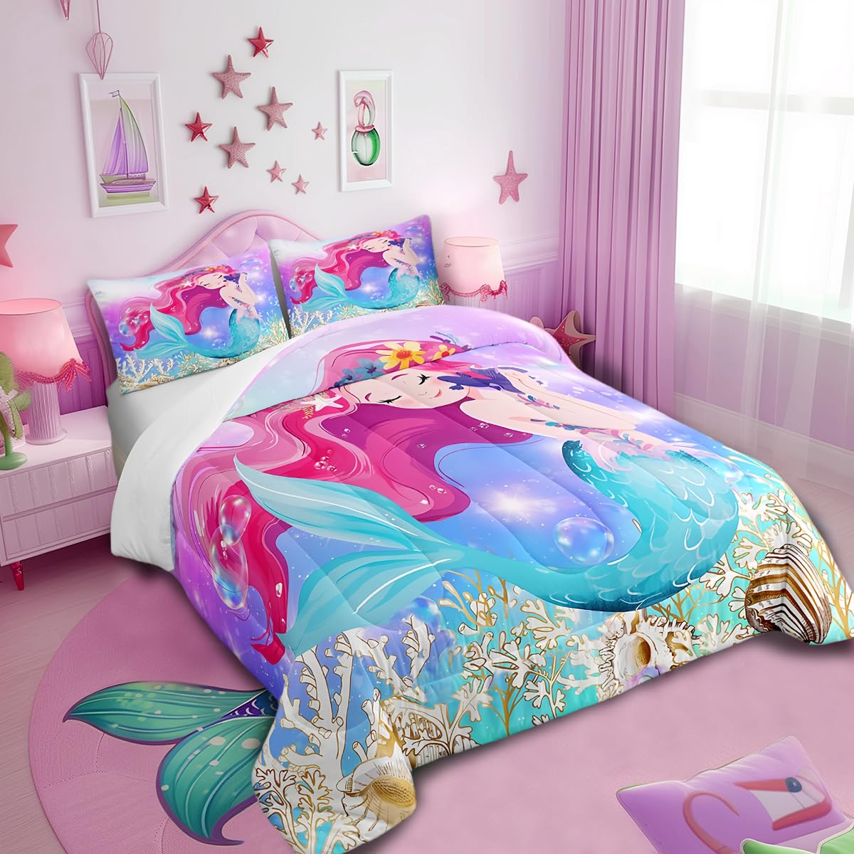 Kids Cute Mermaid Comforter Set Twin Size for Girls Rainbow Purple Mermaid Tail Printed Pattern Quilt with 1 Pillowcase for Girls Bedroom All Season Cute Kids Room Decor Bedding
