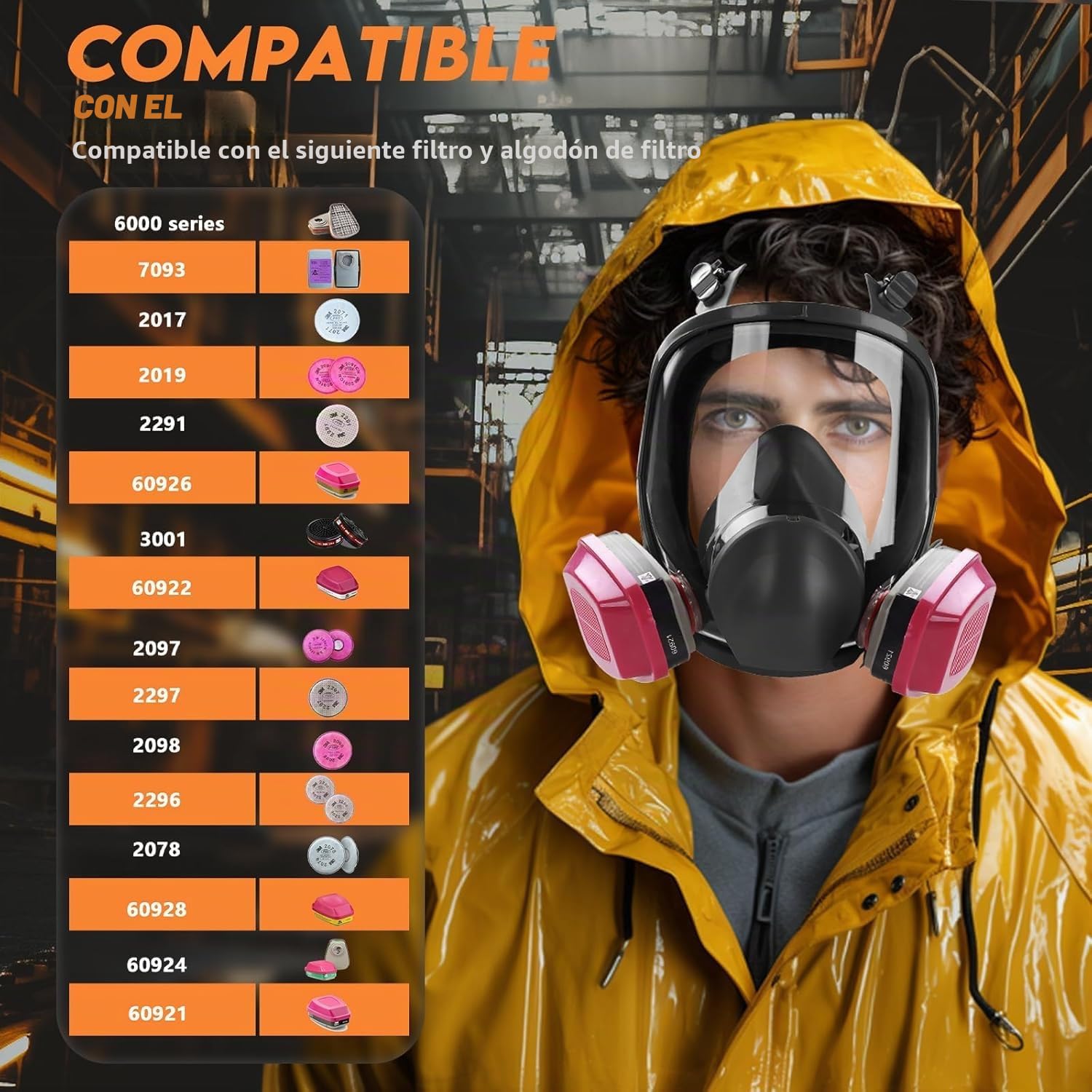 Máscara respiradora de cara completa con filtros 60921 y 2097, máscara de gas reutilizable de supervivencia nuclear y química para pintura en aerosol, lijado, resina, polvo fino, trabajos de