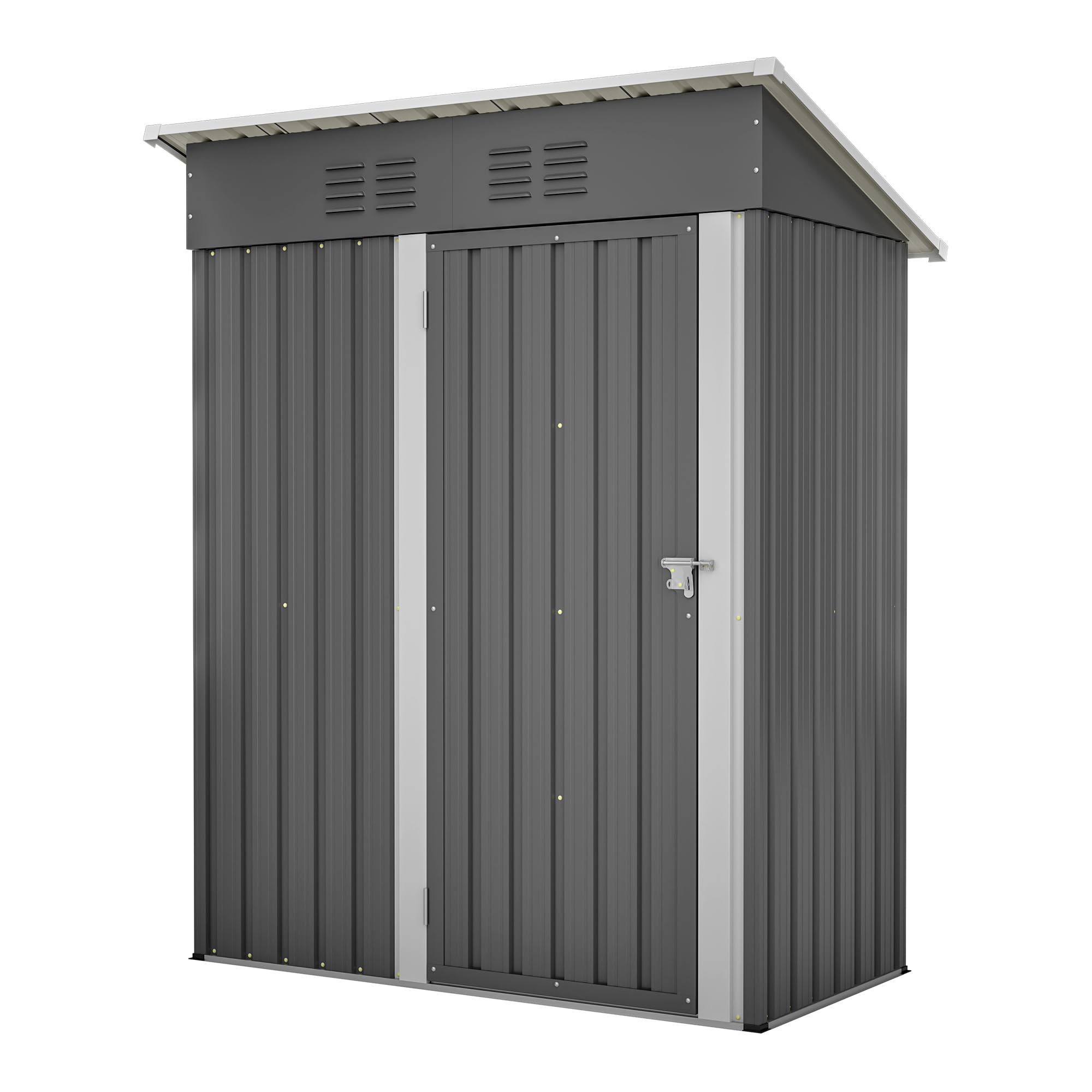 Casetta da giardino, tetto piatto, 152 x 84 x 182 cm, in metallo, con porta chiudibile senza finestra, resistente alle intemperie, robusto spazio per attrezzi da giardino e articoli stagionali, grigio
