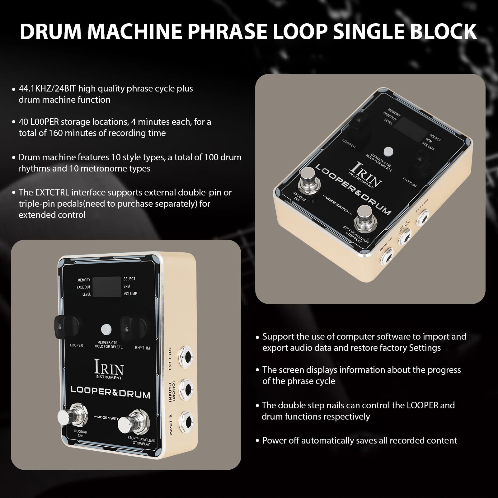Looper Pedal Caja de ritmos Pedales de Efectos de Guitarra 44,1 kHz/24 bits 160 Minutos Tiempo de grabación 100 ritmos de Caja de ritmos Clavos de Doble Paso Pedal Looper Conector para