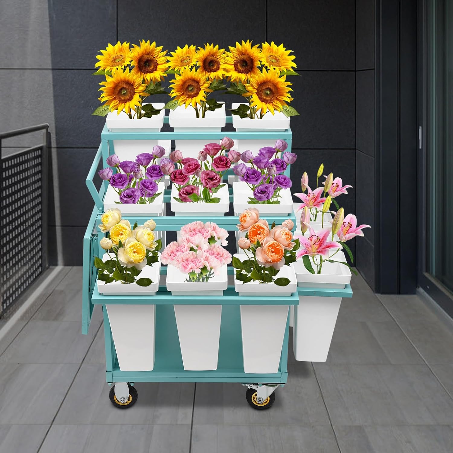 Flower Display Stand with Buckets,Moving Plant Stand with Wheels Heavy Duty Garden Cart Display Flower Shelf with 18pcs Plastic Buckets for Patio Garden (Blue)