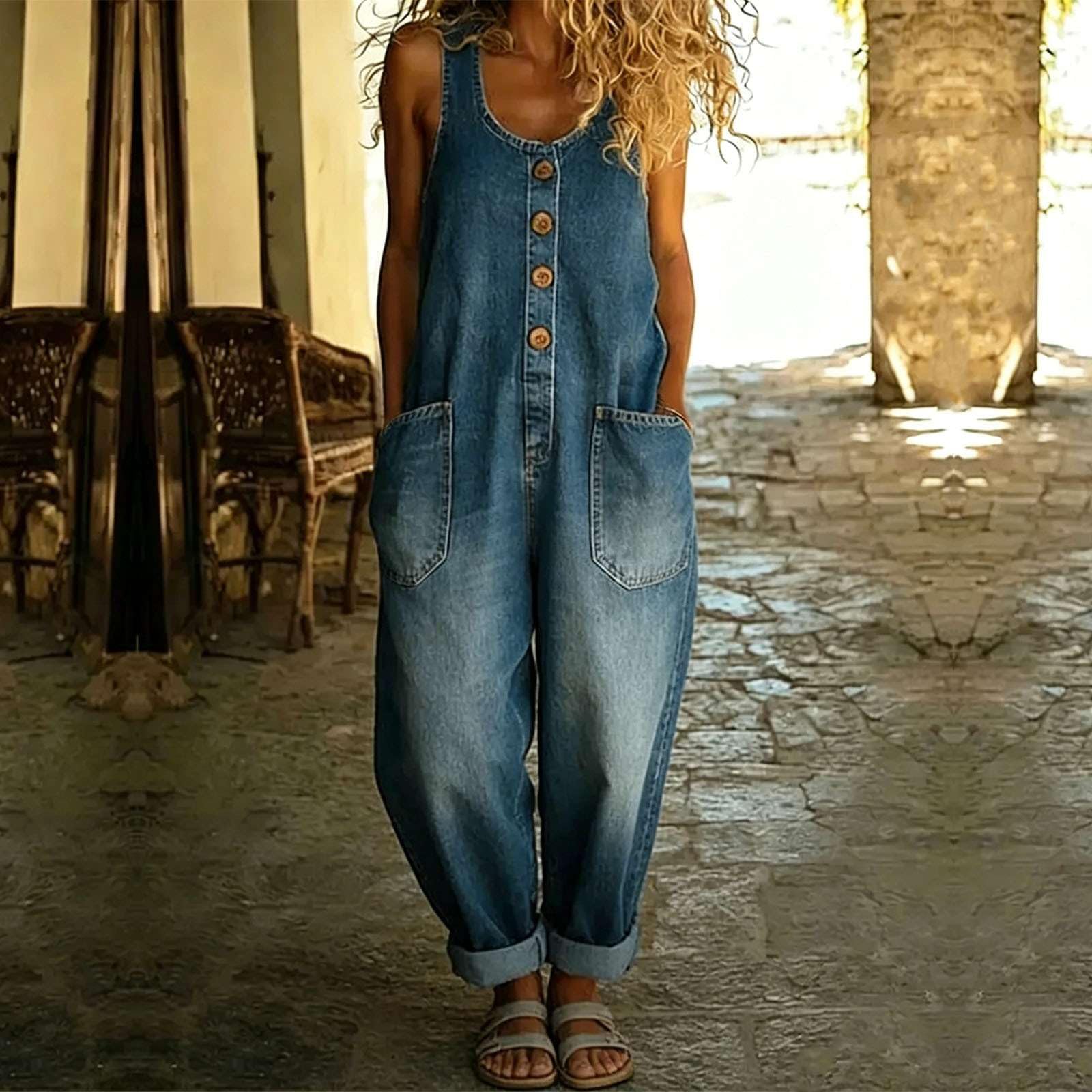 Generisch Damen-Retro-Latzhose in Denim Jumpsuit Ärmellos Boho Vintage Elegant Overall Lang Playsuit Bunte Weites Bein Hose Arbeitslatzhose mit Taschen Latzhosen Atmungsaktiv Mode Outdoorhose