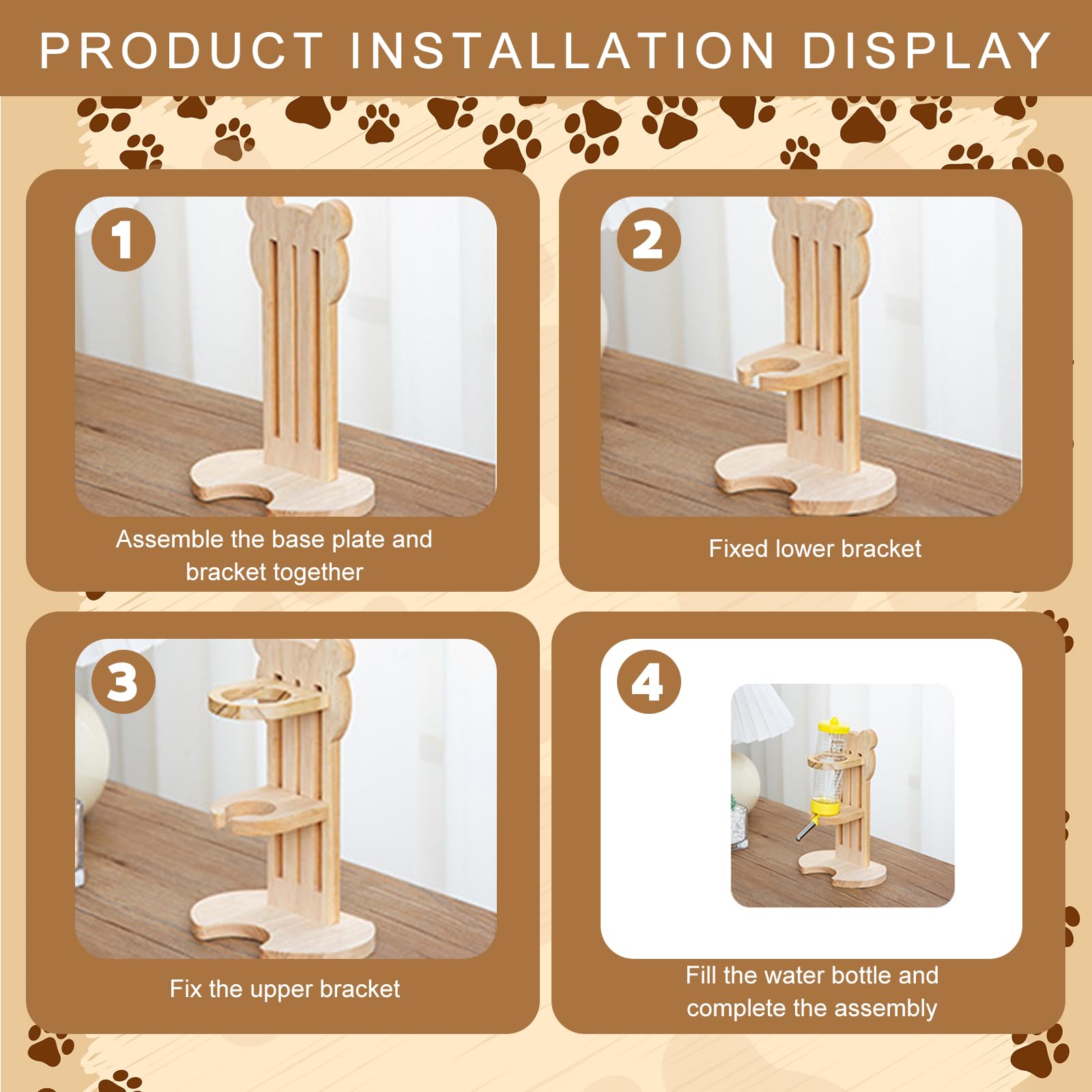 Juego de 2 botellas de madera para hámster con soporte, 20 cm, rueda de hámster de madera, botellas de agua de 125 ml, rueda silenciosa con rodamiento de bolas para animales pequeños, hámsters