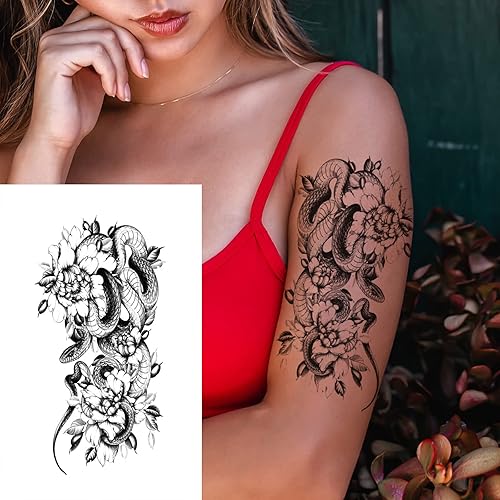 Miniatura 5 de 32 calcomanías temporales de tatuajes de rosas negras para mujeres, múltiples diseños de patrones florales (7.5 x 3.8 pulgadas)