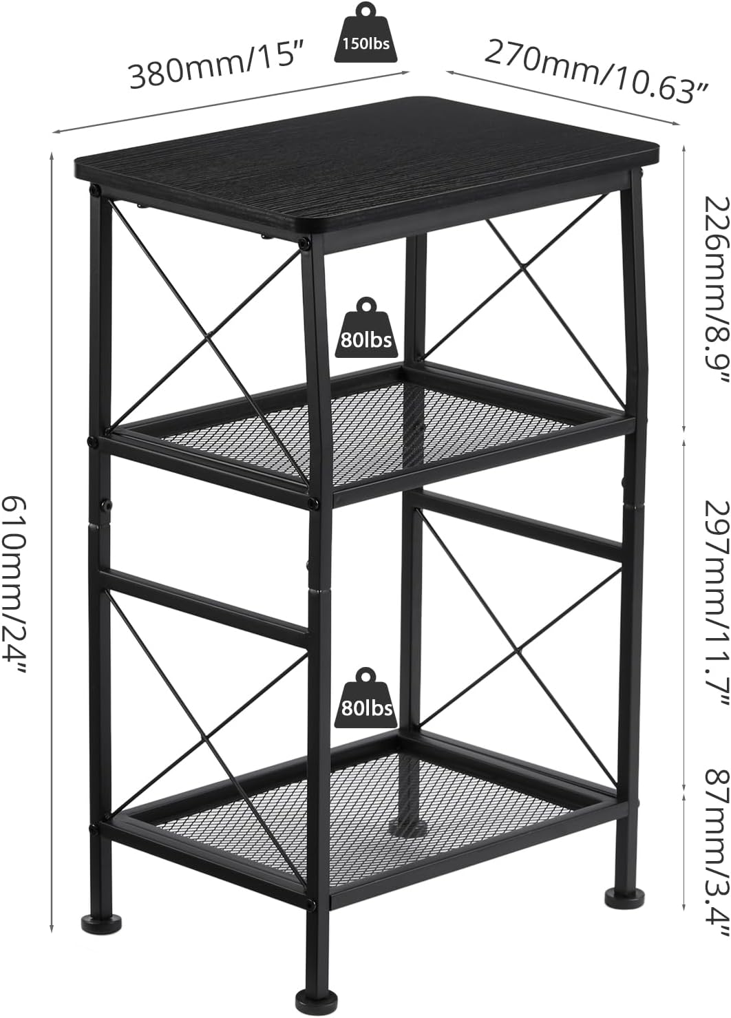 ruboka 3-Tier Small End Tables,Narrow Side Table with Steel Grid Storage Shelves,Slim Nightstand X-Design Sofa Side Table Small Bookshelf Bookcase,Display Rack for Living Room,Bedroom,Study,Black