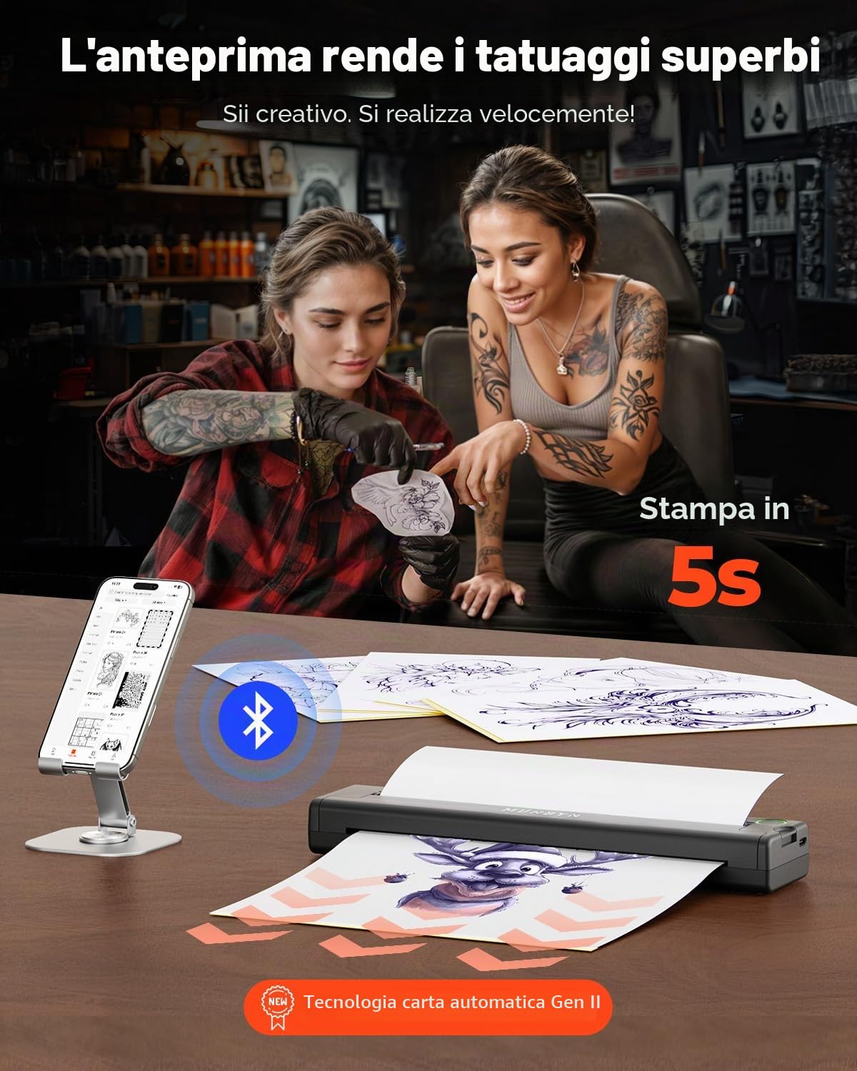 MUNBYN ITP05 Stampante Termica Tattoo Bluetooth 2600 mAh, 20 Fogli Carta Transfer, Nero