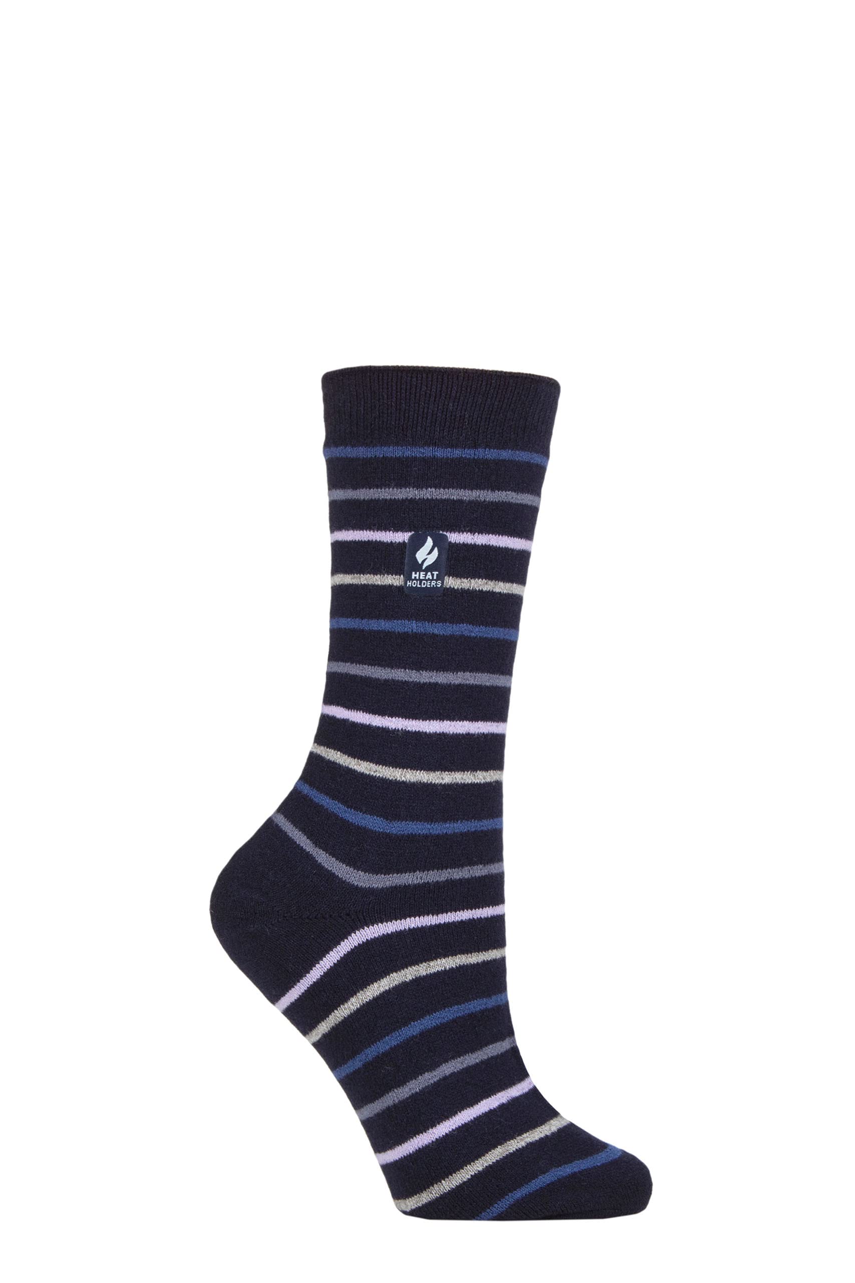 HEAT HOLDERS SOCKSHOP Ladies 1.0 TOG Ultralite Striped, Argyle & Patterned Socks Pack of 1 Riga Stripe Navy 4-8
