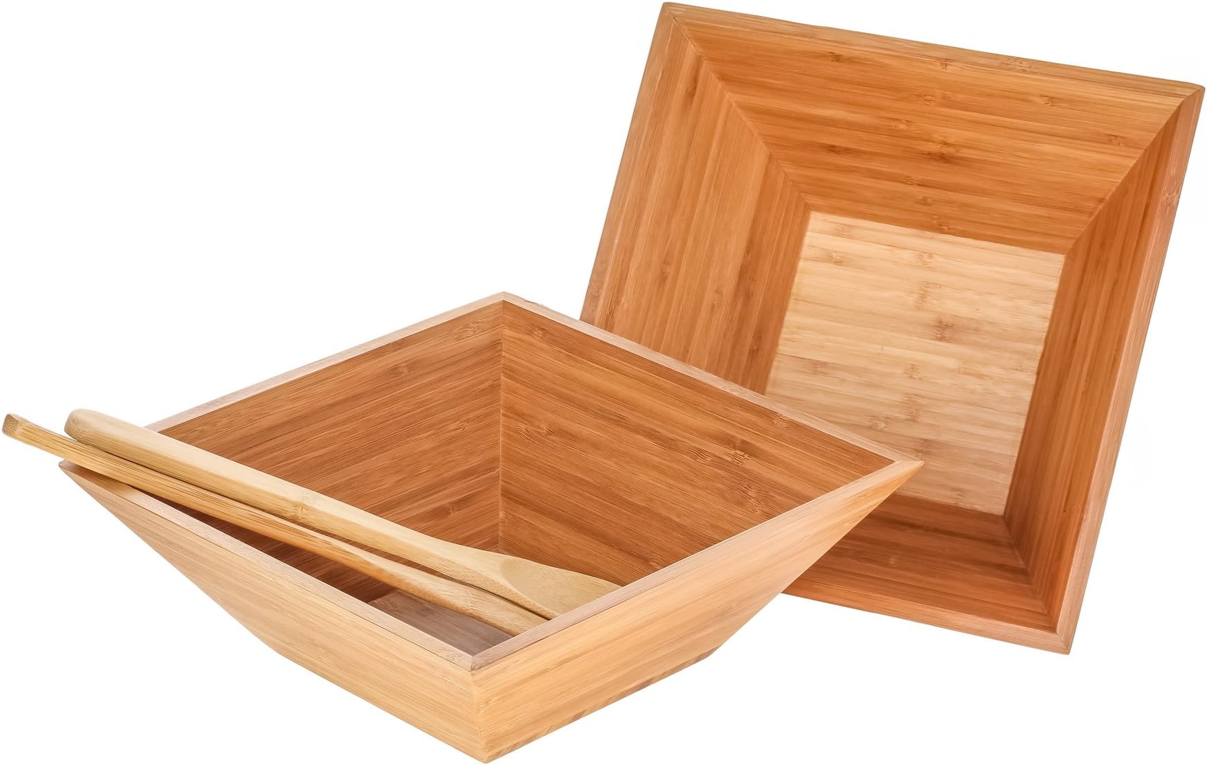 Heim Concept Bamboo Salad Bowl 4 PC Set w/Serving Hands, 2 Square Bowls & Pair Salad Servers Eco-Friendly BPA Free