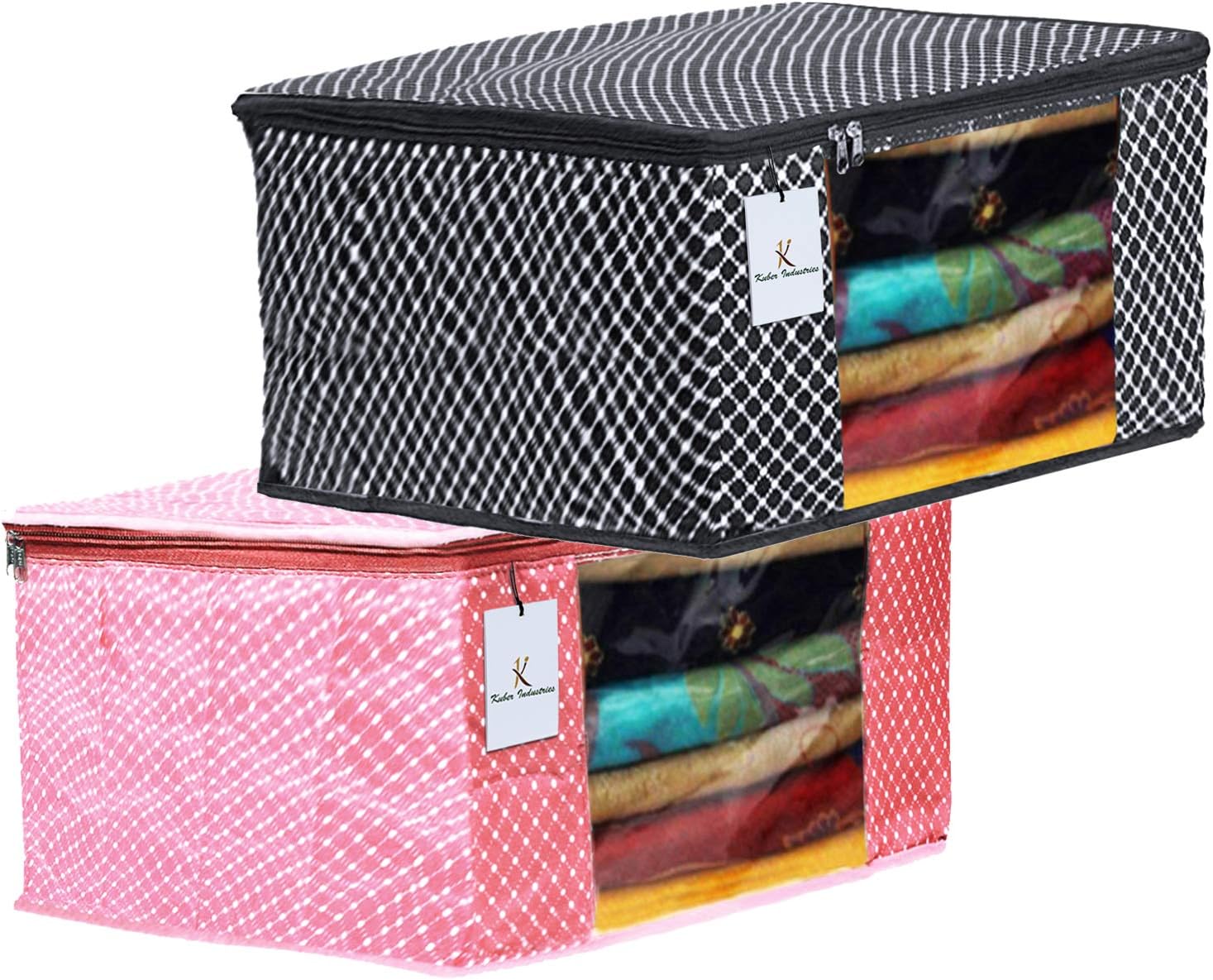 Kuber Industries Polka Dots 2 Pieces Cotton 3 Layered Quilted Saree Cover (Peach & Black) - CTKTC31107