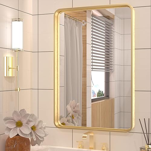 TETOTE Espejo de marco plateado de 16 x 24 pulgadas, espejo de tocador de baño para pared, moderno espejo rectangular de esquina redonda mate con