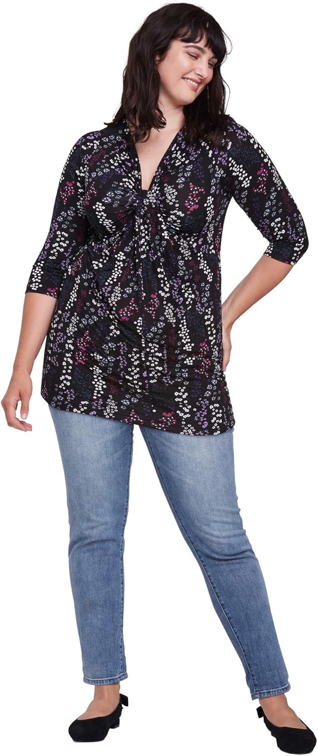 ellos Plus Size Stretch Knit V-Neck 3/4 Sleeve Knot Front Tunic