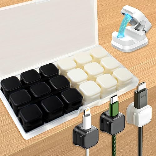 Miniatura 8 de Paquete de 18 organizadores de cable con soporte, clips magnéticos para gestión de cables, soporte de carga USB para teléfono con adhesivo fácil,