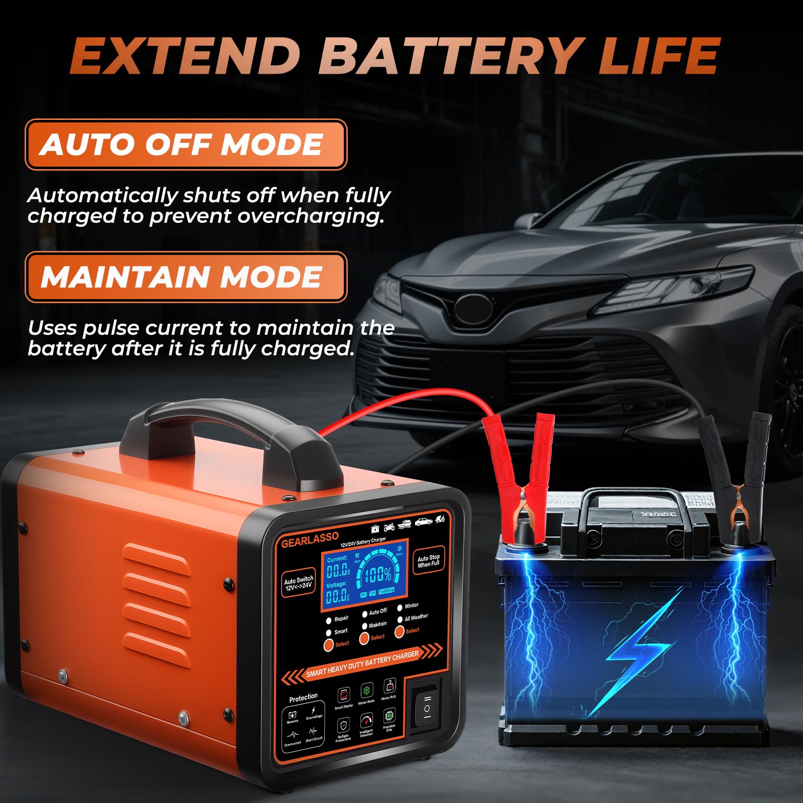 Caricabatterie per auto da 12 V 24 V, resistente, manutenzione automatica della batteria 0-15 A, caricabatterie intelligente con spegnimento automatico, riparazione, modalità invernale, per