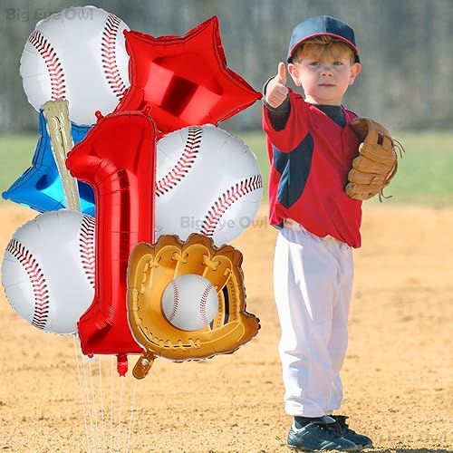 Miniatura 5 de Novato del año 1er cumpleaños decoraciones de béisbol papel de aluminio rojo número 1 globos conjunto de un primer cumpleaños suministros para