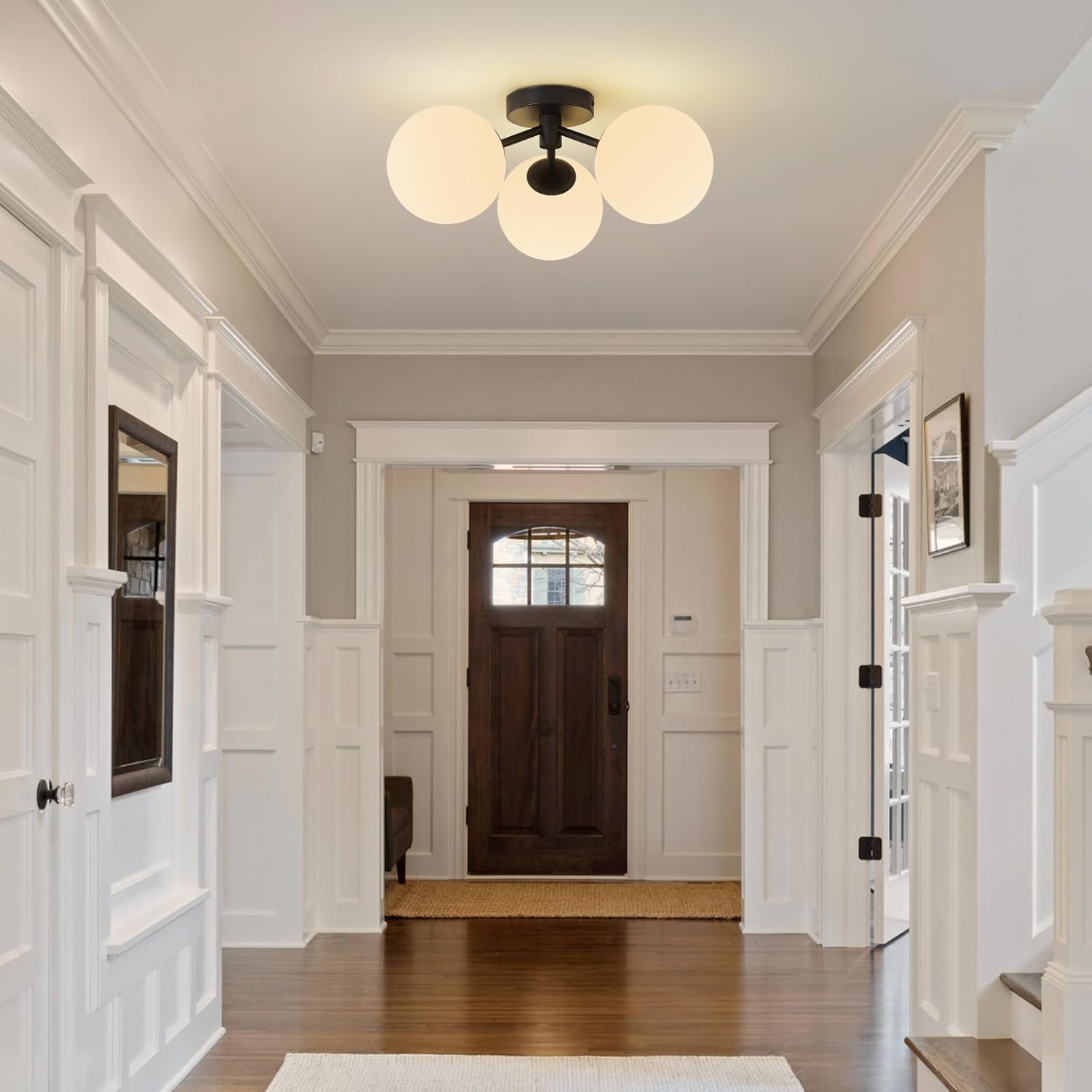 Black Globe Semi Flush Mount Ceiling Light Mid Century Modern Milk Glass Ceiling Light Fixture Linear Sputnik Matte 3 Lights Chandelier for Bedroom Living Room Entryway Dining Room Hallway