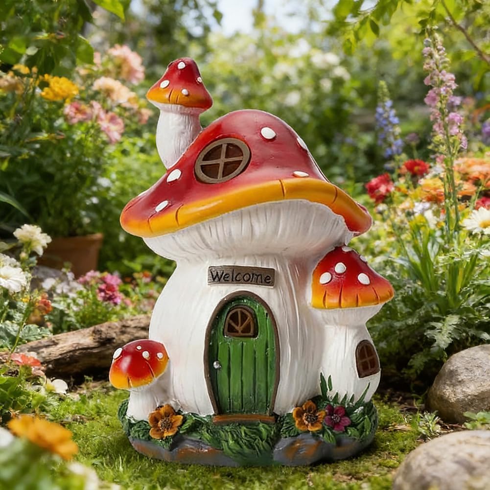 oumao Mushroom House Garden Statue Outdoor, Solar Light Resin Mushroom Cottage Garden Figurines for Lawn, Balcony, Yard Decoration, Garden Ornaments Outdoors