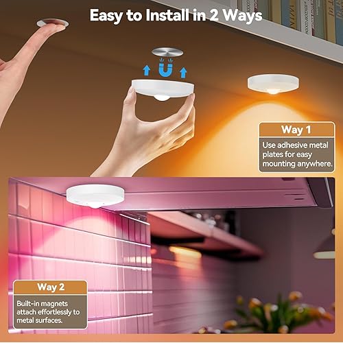 Miniatura 8 de Luces de disco recargables con control remoto, paquete de 3 luces magnéticas para debajo del gabinete, 1500 mAh, funciona con pilas, luces LED con