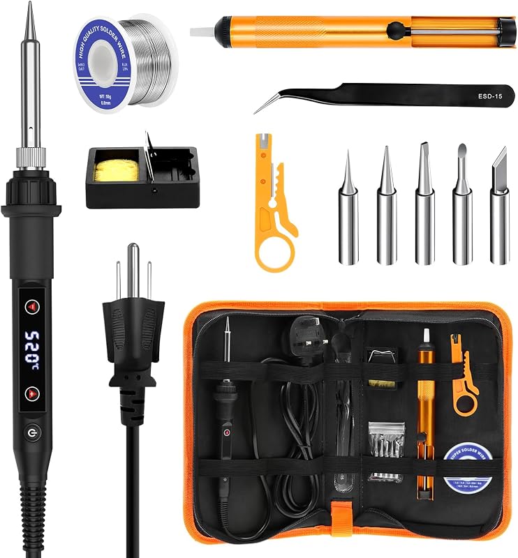 Soldering Iron Kit 80W LED Soldering Gun Adjustable Temp 356-968℉ | 15s Fast Heating Electronics Precision Repair Welding Tools with 50g Solder Wire, 5 Tips, Desoldering Pump, Stand, Tweezers