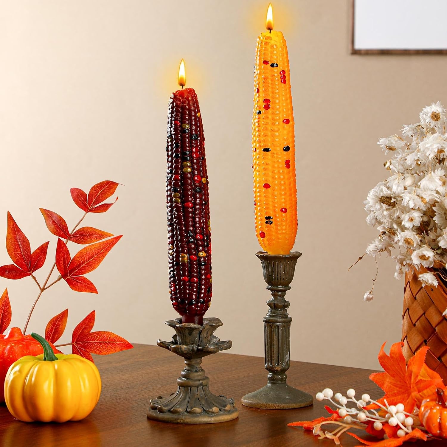Conelist 2 Pcs Fall Corn Cob Taper Candles Thanksgiving Candlesticks