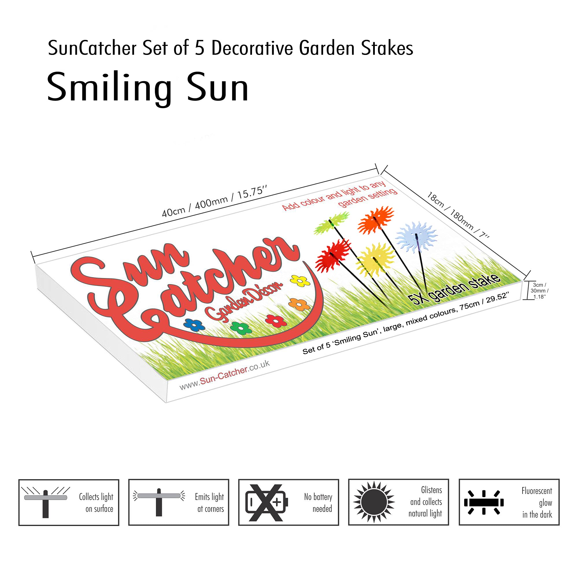 SunCatcher ozdoby ogrodowe uśmiechnięte słońce zestaw 5 dużych palików ogrodowych 75 cm wysokości 75 cm wysokości do wewnątrz na zewnątrz piękny prezent dla ogrodnika, kolor: różne kolory