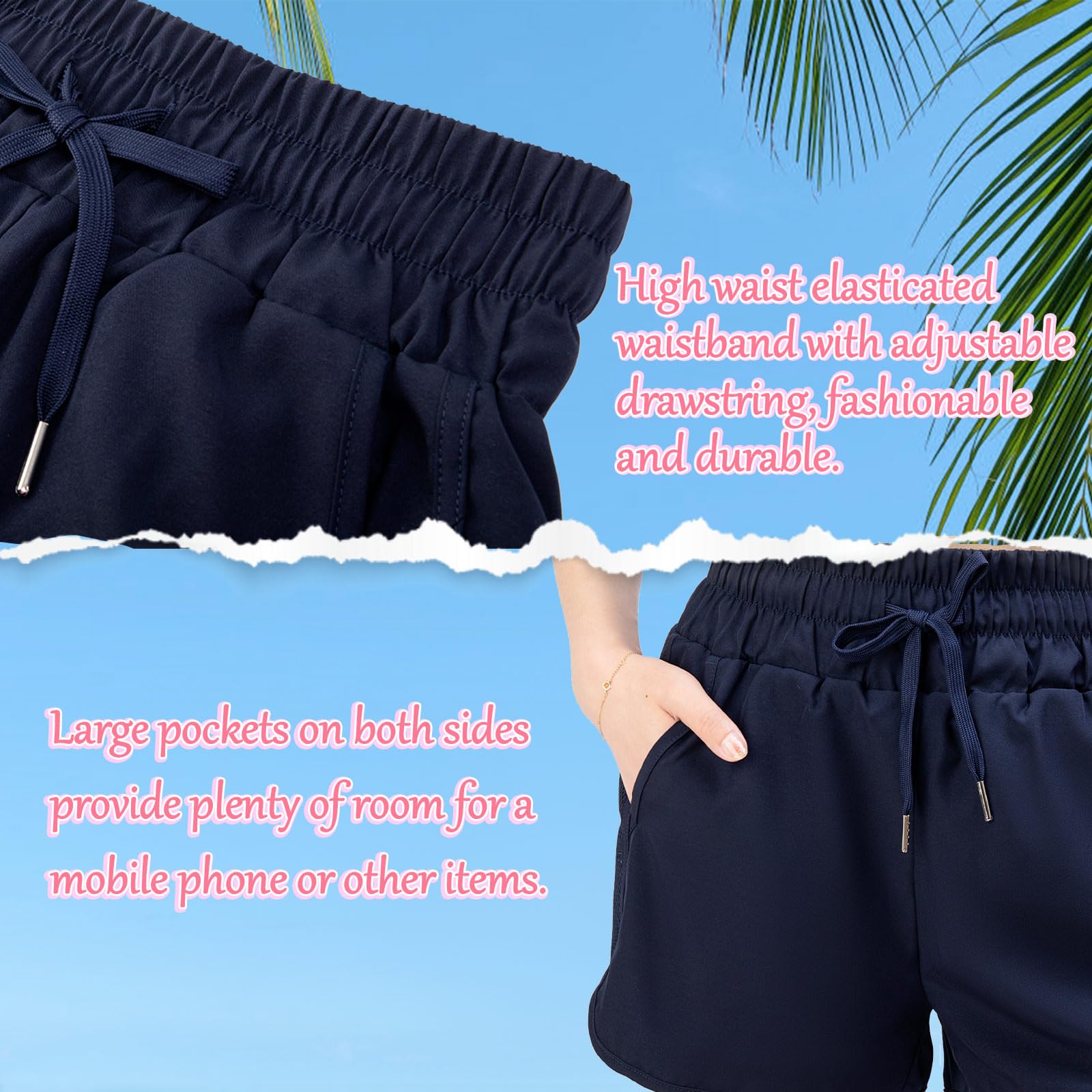 Pantalones cortos de natación para mujer, de cintura alta, de secado rápido, con cordón ajustable, pantalones cortos de surf con parte inferior y bolsillos