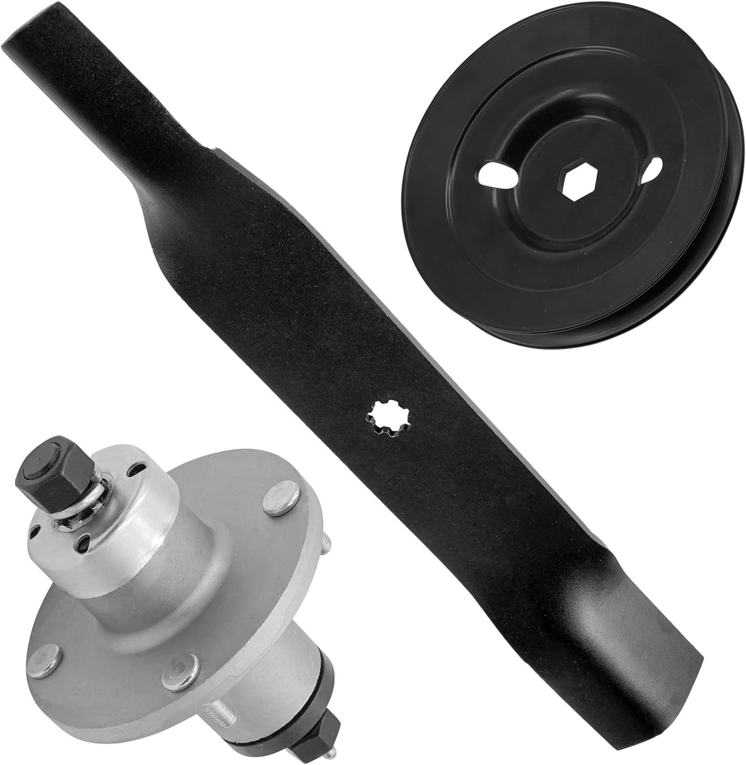 Caltric 38" Deck Spindle with Pulley & Blade Compatible with John Deere X300 AM136733 AM143469 UC26511 M151720 M153118 AM137324 AM141041