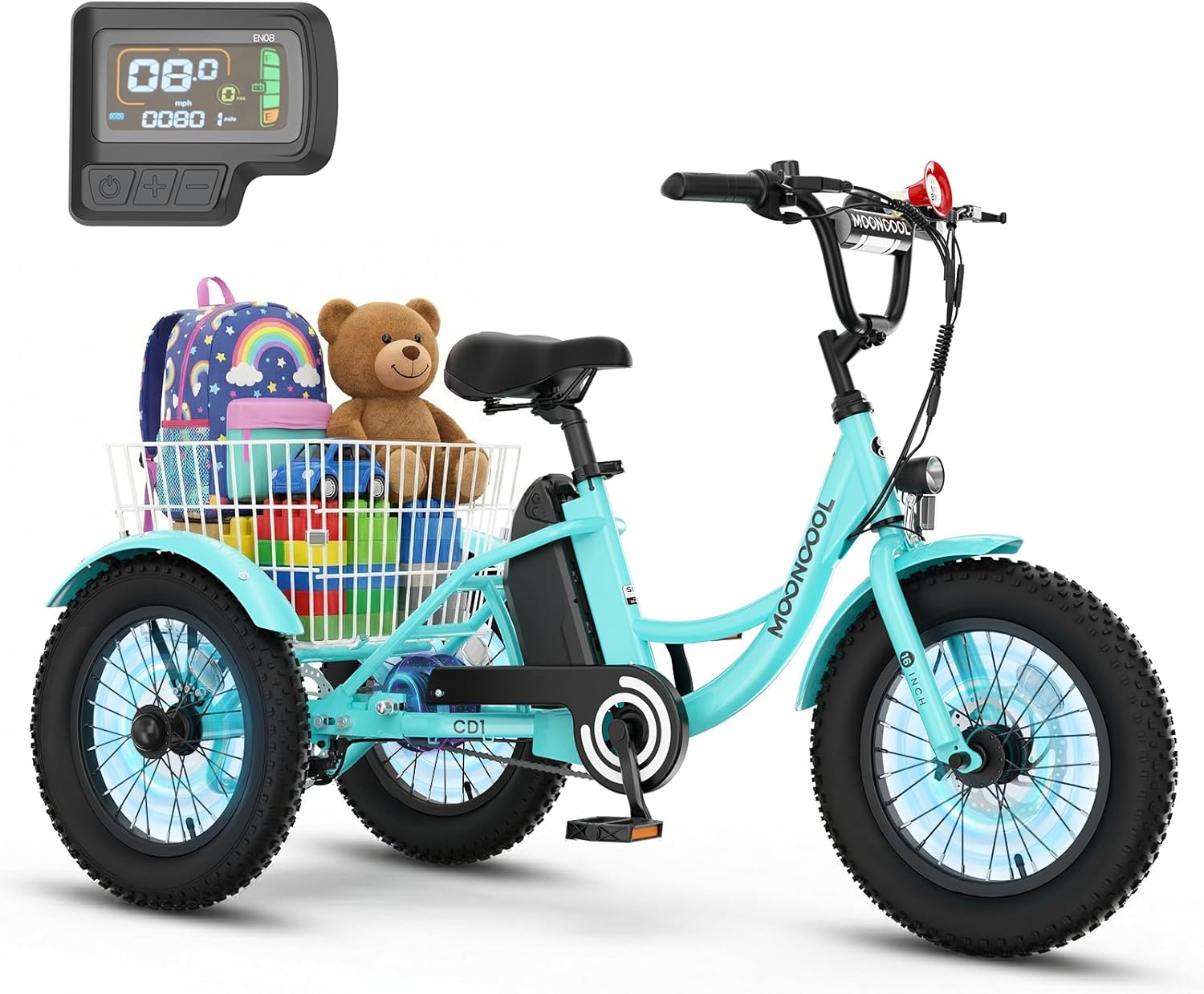 MOOHOTO 16" Electric Tricycle for Small Riders, 3 Wheel Fat Tire E-Trike with Low Step-Through Aluminum Frame, Low-Speed Mode, Removable Battery, Rear Basket, Easy Control for Beginners