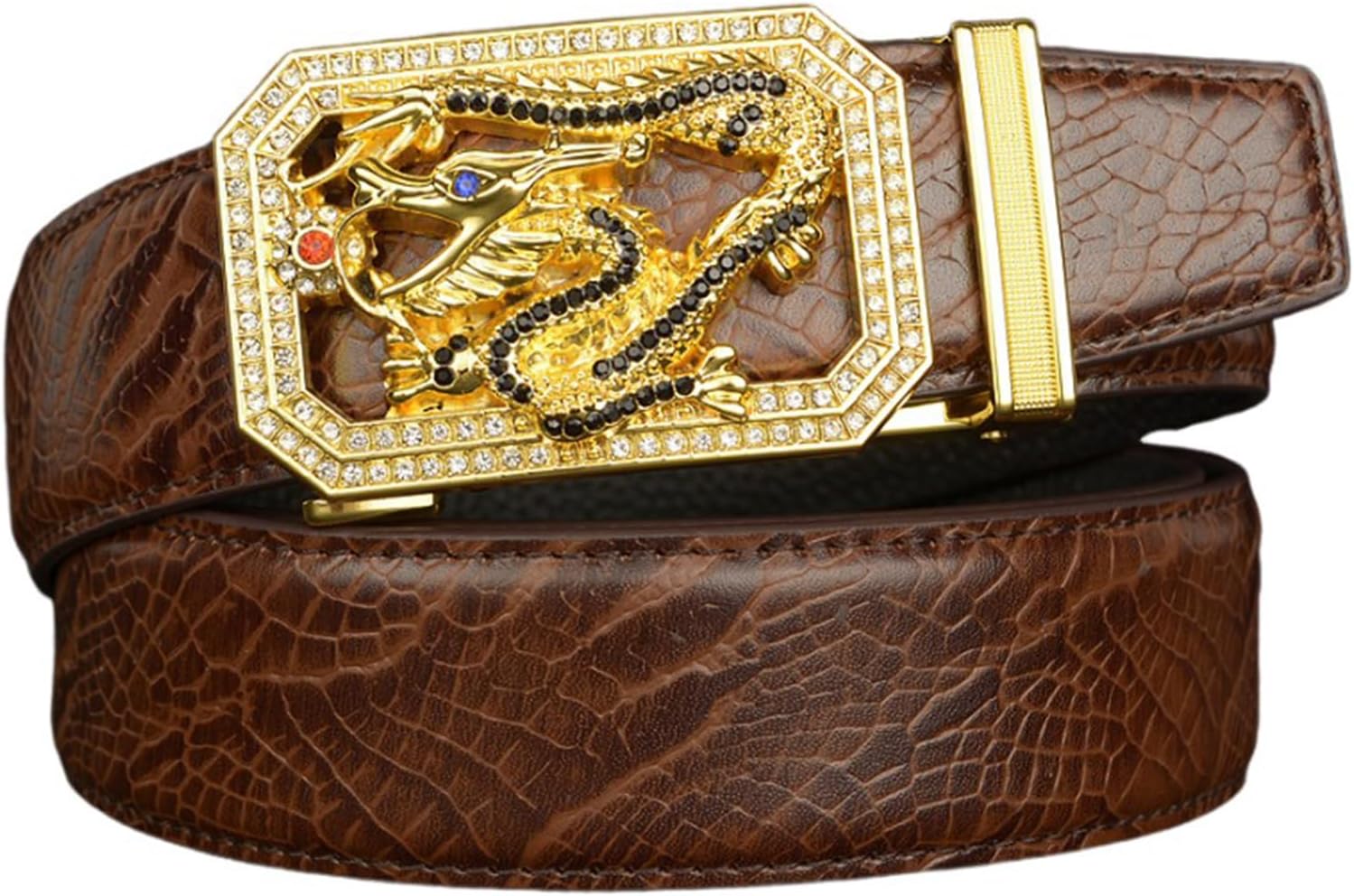 Ratchet Embossed Crocodile Claw Pattern Leather Belt with Golden Dragon Automatic Sliding Buckle Fashion Gift Set(110cm/43, Brown)
