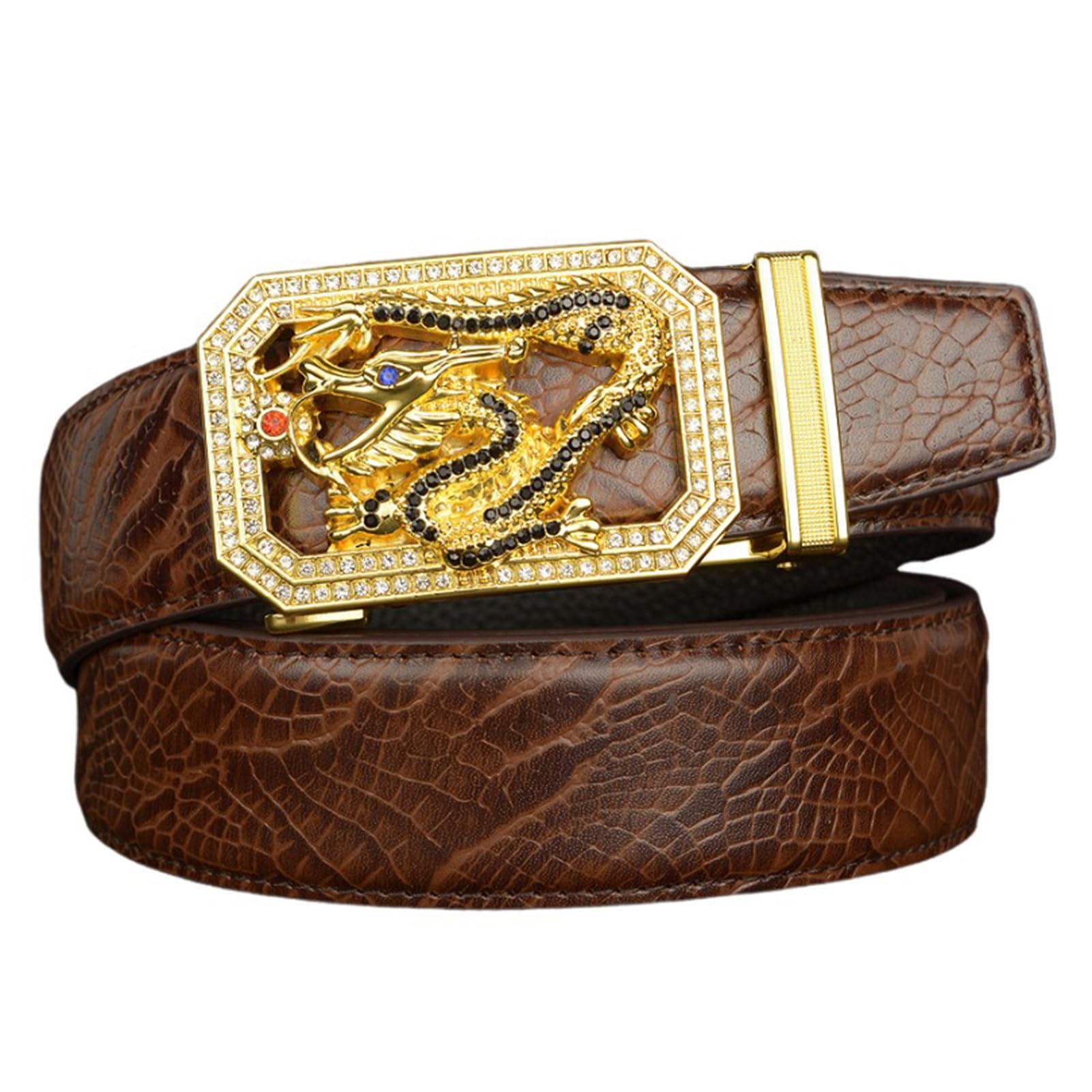BDAYEK Men's Belt Men'S Belt Ratchet Embossed Crocodile Paw Pattern Leather With Automatic Sliding Buckle Fashion Set Brown 110Cm 43