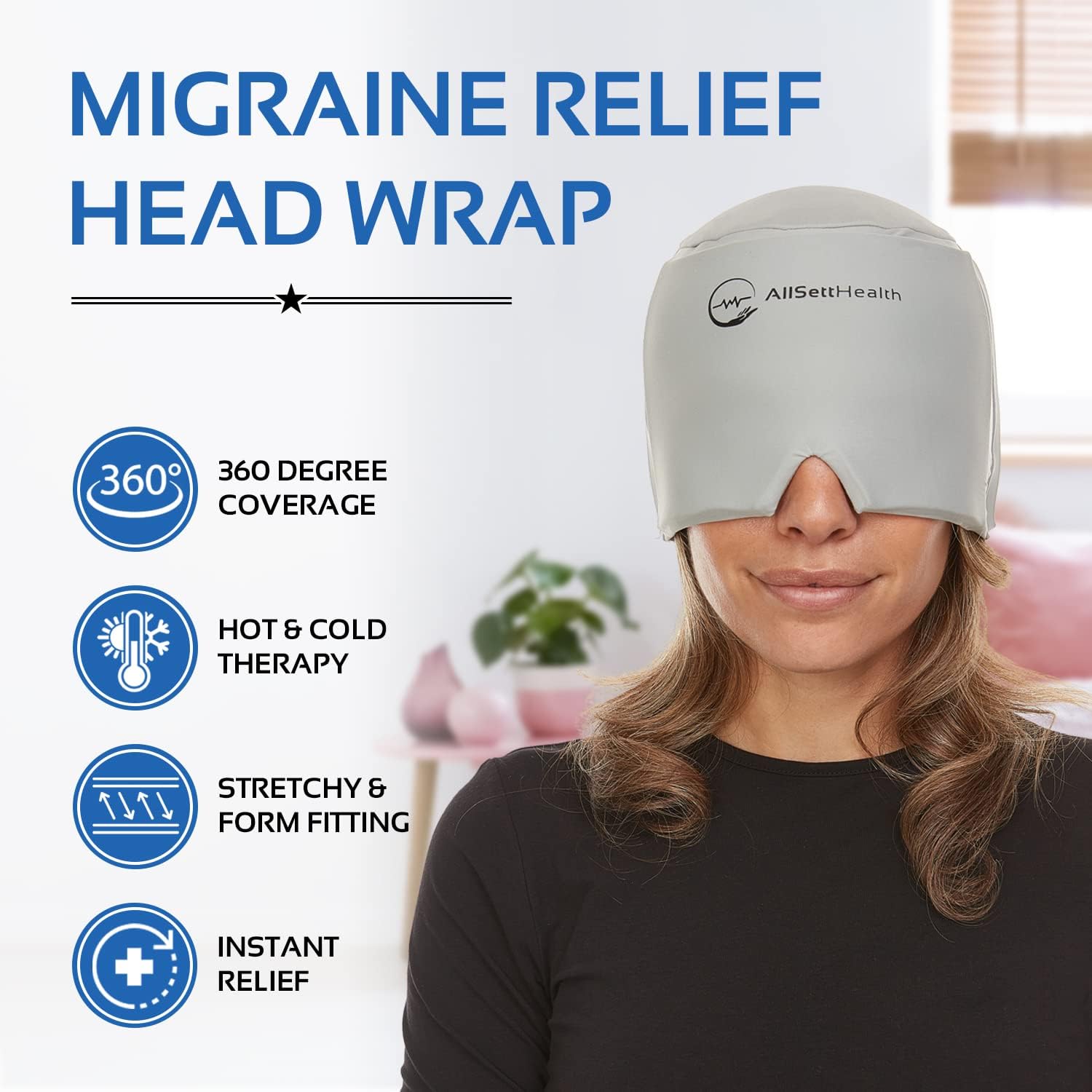 AllSett Health Form Fitting Migraine Relief Ice Head Wrap | Headache and Migraine Hat | Hot and Cold Therapy for Puffy Eyes, Tension, Sinus and Stress Relief : Health & Household
