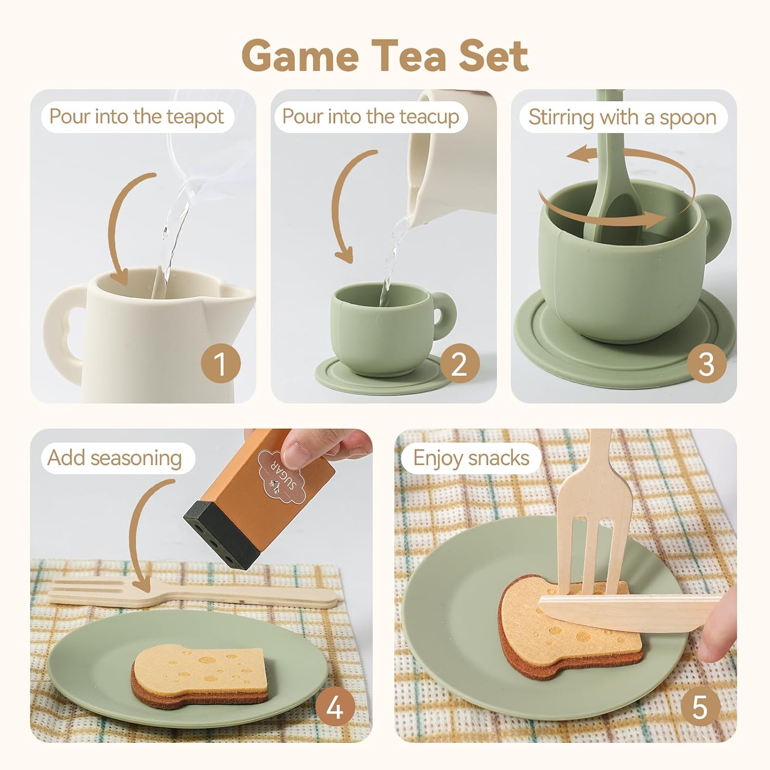 Wooden Tea Party Set for Toddlers, 29 PCS Silicone & Wooden Kids Tea Set with Felt Storage Basket, Neutral Scandinavian Style Cups Plates & Pretend Desserts, Gift for Ages 3-6