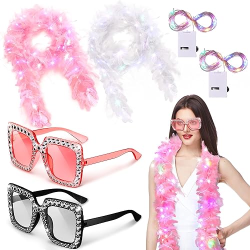 2 Pack LED Feather Boa Includes 2 Pcs Feather Boa 2 Pieces 20 LED String Lights and 2 Square Rhinestone Sunglasses for Party Wedding Dancing Costume