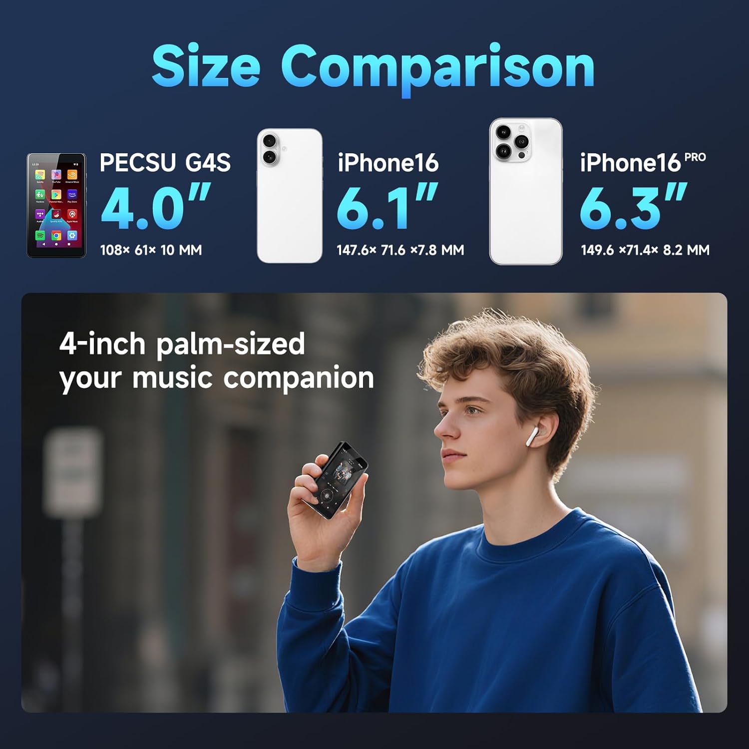 Android 14 MP3 Player with Spotify, Play Store, Amazon Music, Audible, Libby, PECSU 4" Touch Screen MP4 Music Player for Kids with Parental Control, Eye-Care Mode (Space Black)