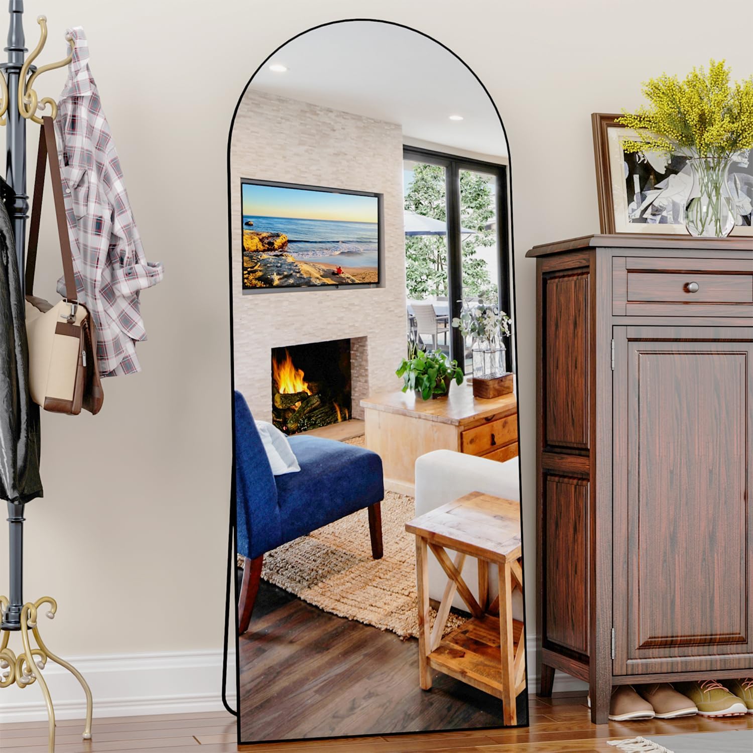 Manocorro 65"x24" Full Length Mirror, Arched Floor Mirror with Stand, Full Body Mirror, Hanging or Leaning Against Wall, Black Arch Standing Large Bedroom for Cloakroom (Black)