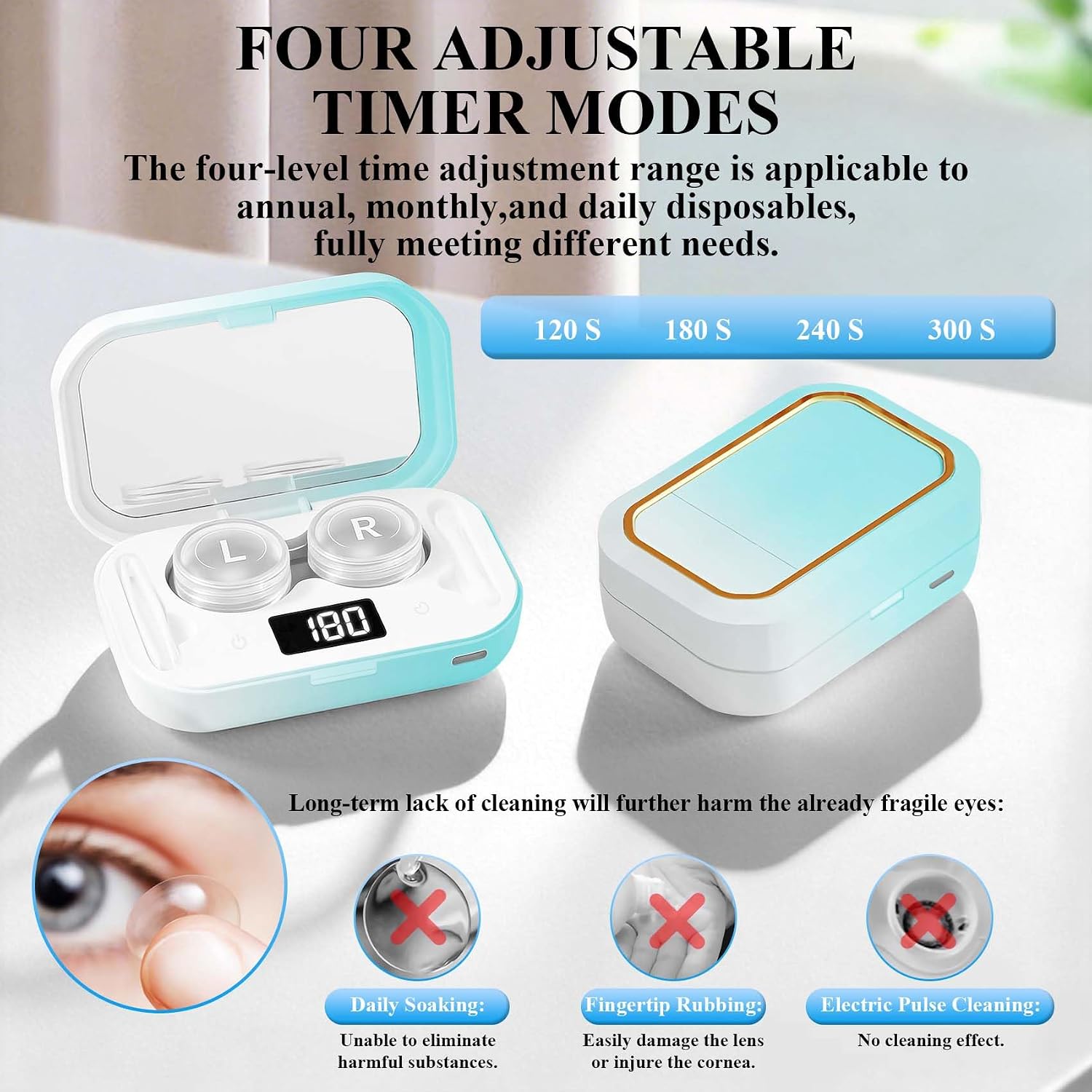 Contact Lens Clean Machine, Portable Ultrasonic Contact Lens Cleaner with 4 Timing Modes, Disinfection with Blue Light, 360° High-Frequency Vibration for Cleaning Soft Lenses, White to Green