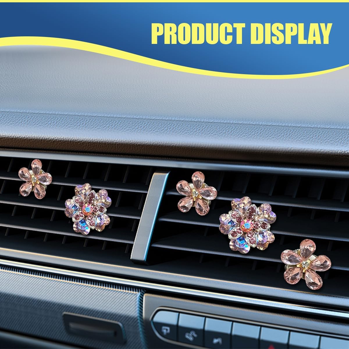 5PCS Bling Flower Car Air Vent Clips, Cute Rhinestone Automotive Dashboard Air Vent Trim Clips, Sparkling Vehicle Interior Diffuser Decoration for Women, Universal Fit for Most Cars(Pink) image 3