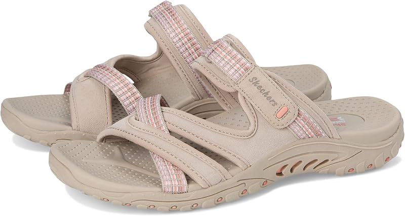 Sandalia Skechers Reggae Color-Full ajustable para mujer | Plantilla acolchada, entresuela Reggae que absorbe los impactos, parte superior de cuero y tela tejida, chanclas para senderos para exteriores