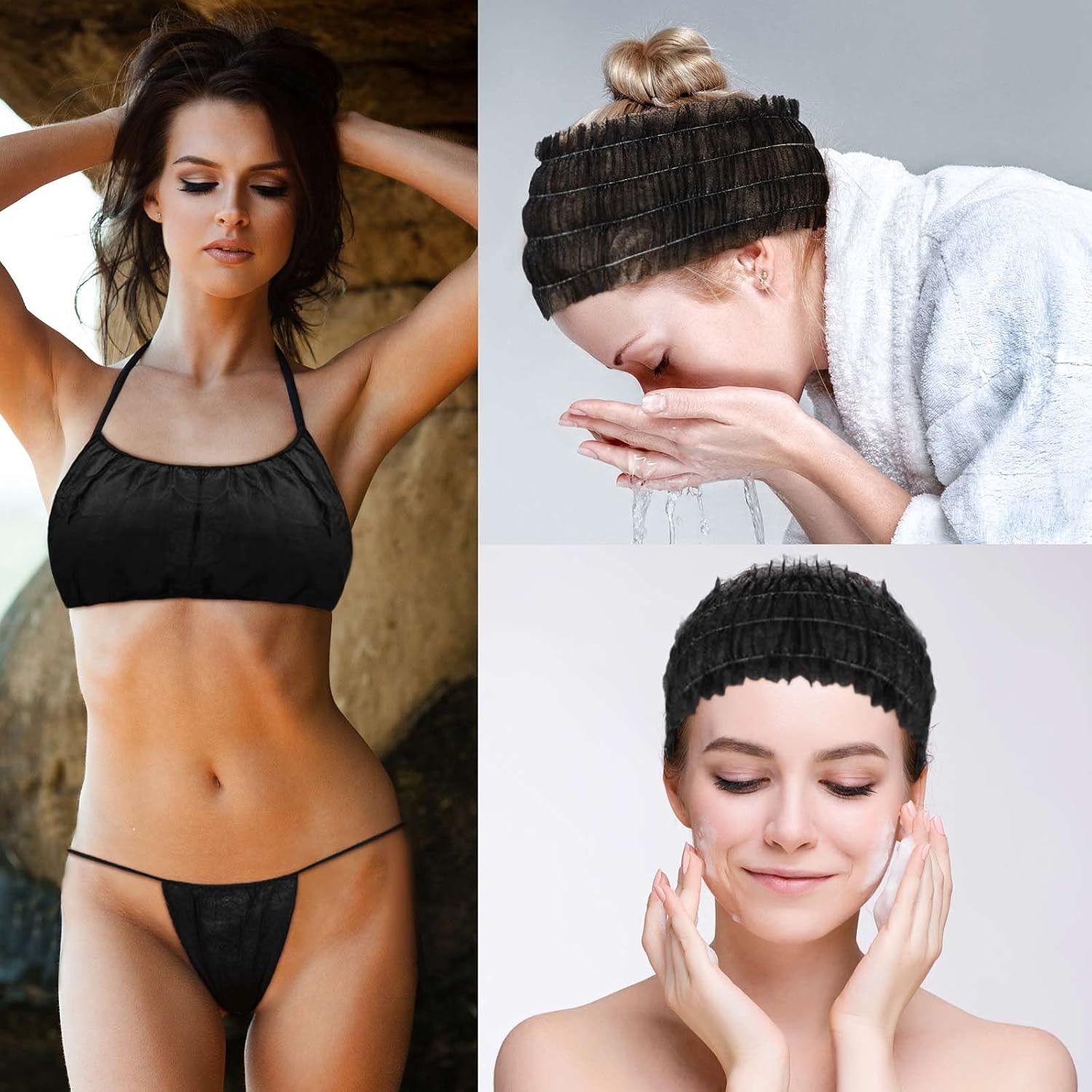 150 Pcs Women Disposable Underwear Set Bras Panties Headbands 50 Disposable Thong Panties 50 Non Woven Bras 50 Headbands for Spa Spray Tanning Massage Saunas Wraps, Black, Individually Wrapped